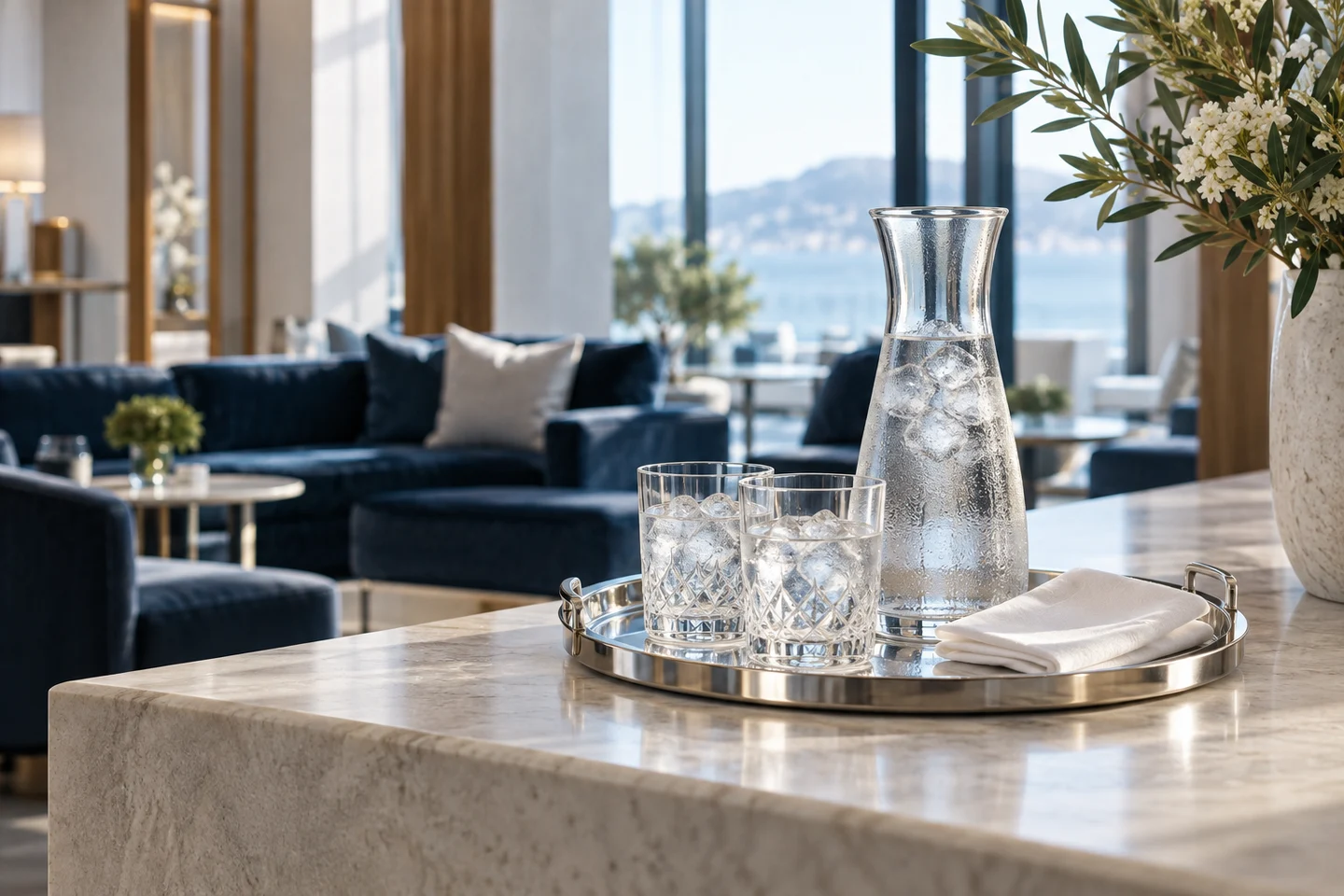 Karafka wody i szklanki z lodem na tacy w hotelowym lounge