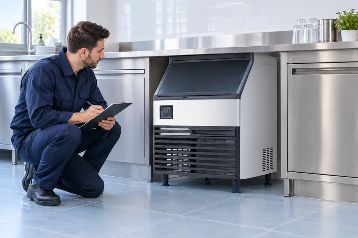 Wizualizacja technika sprawdzającego panel podblatowej kostkarki CORI SK-210P