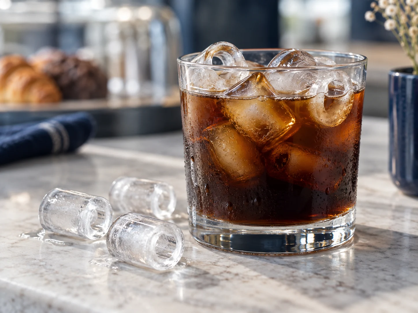 Wydrążony, cylindryczny lód bullet przy szklance cold brew
